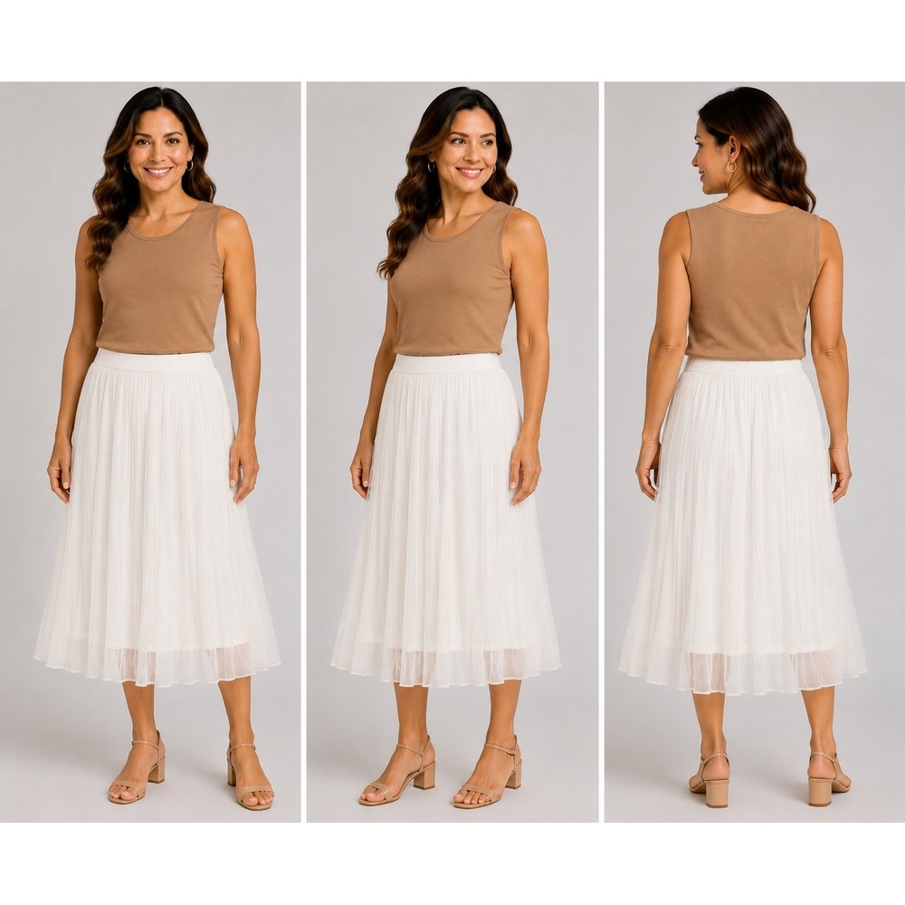 Andi James White Pleated Mesh Midi Skirt Small Elastic Waist A-Line Flowy Tulle‎
